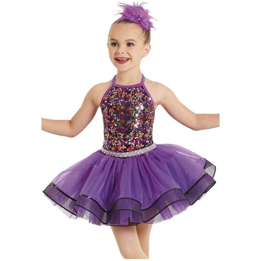 Weissman Dance Costume Tutu Dress Kids MC 10‎ Purple Sequin Halter Tulle Sparkle
